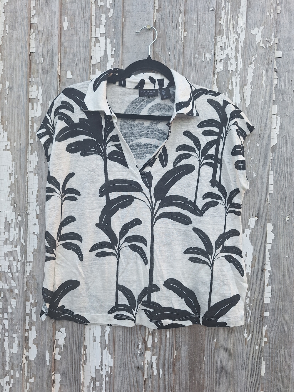 Tahari Black & White Palm-Print Collared Short-Sleeve Linen Top Size Large